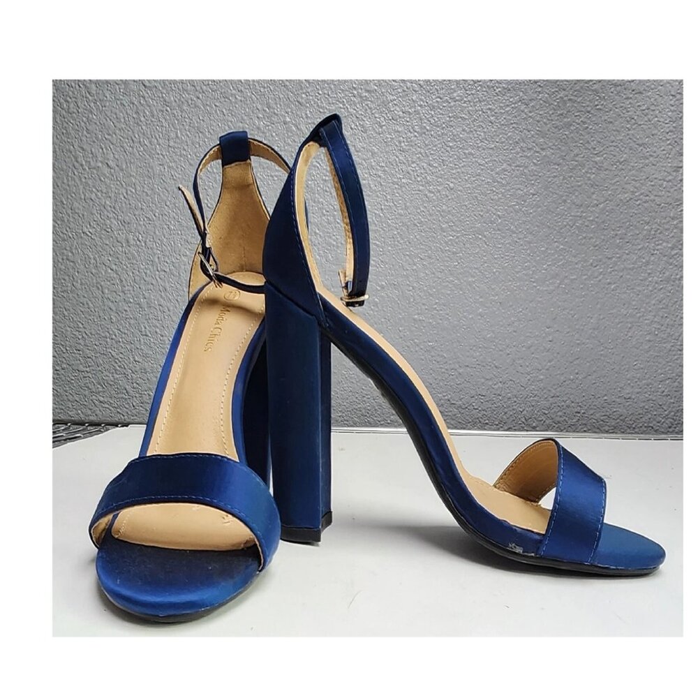 Moda Chics Women's High Chunky Block Heel Pump Dress Sandals Navy Satin 7.5 - Picture 2 of 6